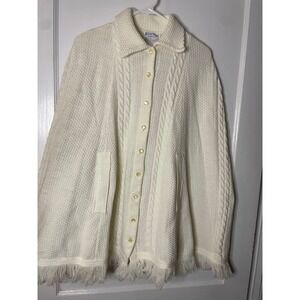 British Vogue Wintuk Cream Cable Knit Fringe Cape Shawl Sweater